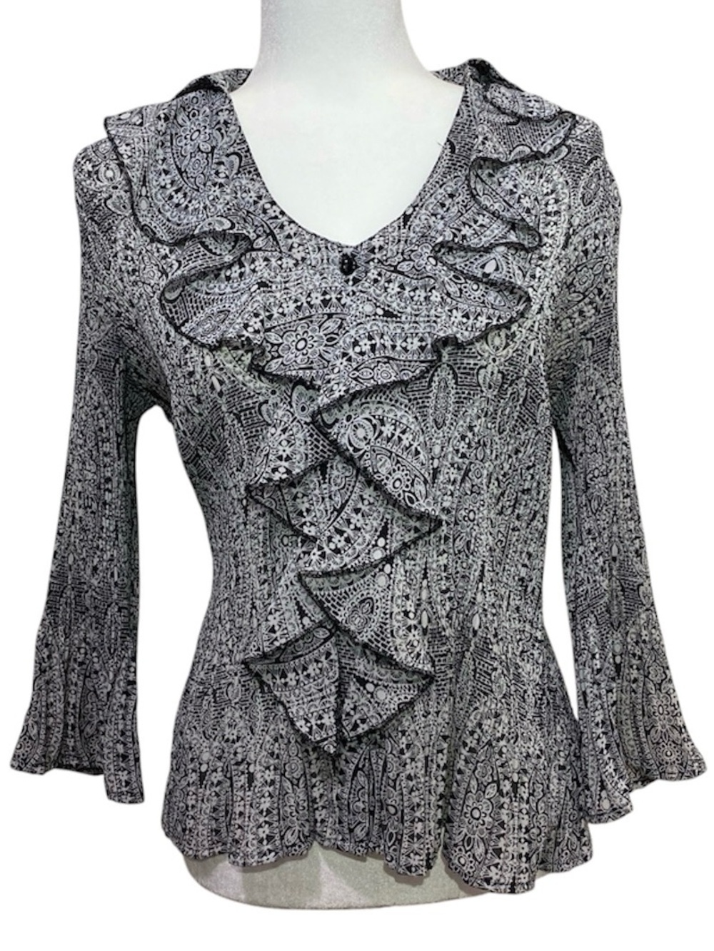 Black & White Paisley Print Ruffled Blouse